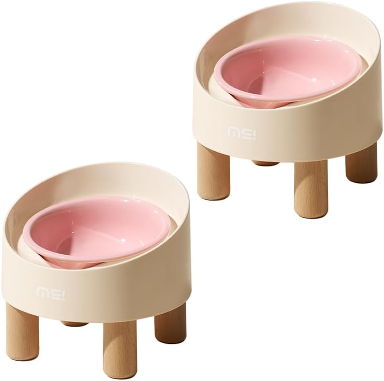 MS!MAKE SURE Ceramic Elevated Cat Bowls with Wooden Stand Set, Adjustable Raised Pet Bowls for Small Dogs & Cats, Anti - Slip Rubber Pad, Leak - Proof, Lead & Cadmium Free, Whisker - Friendly, Pink - Image 1